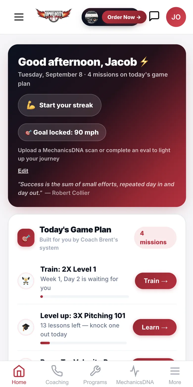 Player dashboard with today's game plan