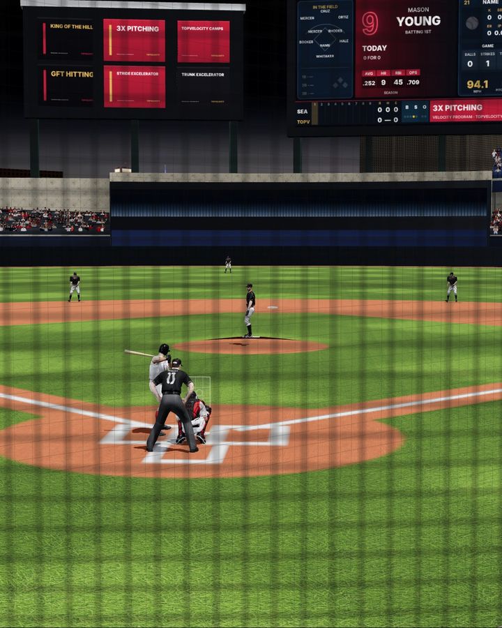 Night game in the 3D stadium with the scoreboard showing 94.1 mph