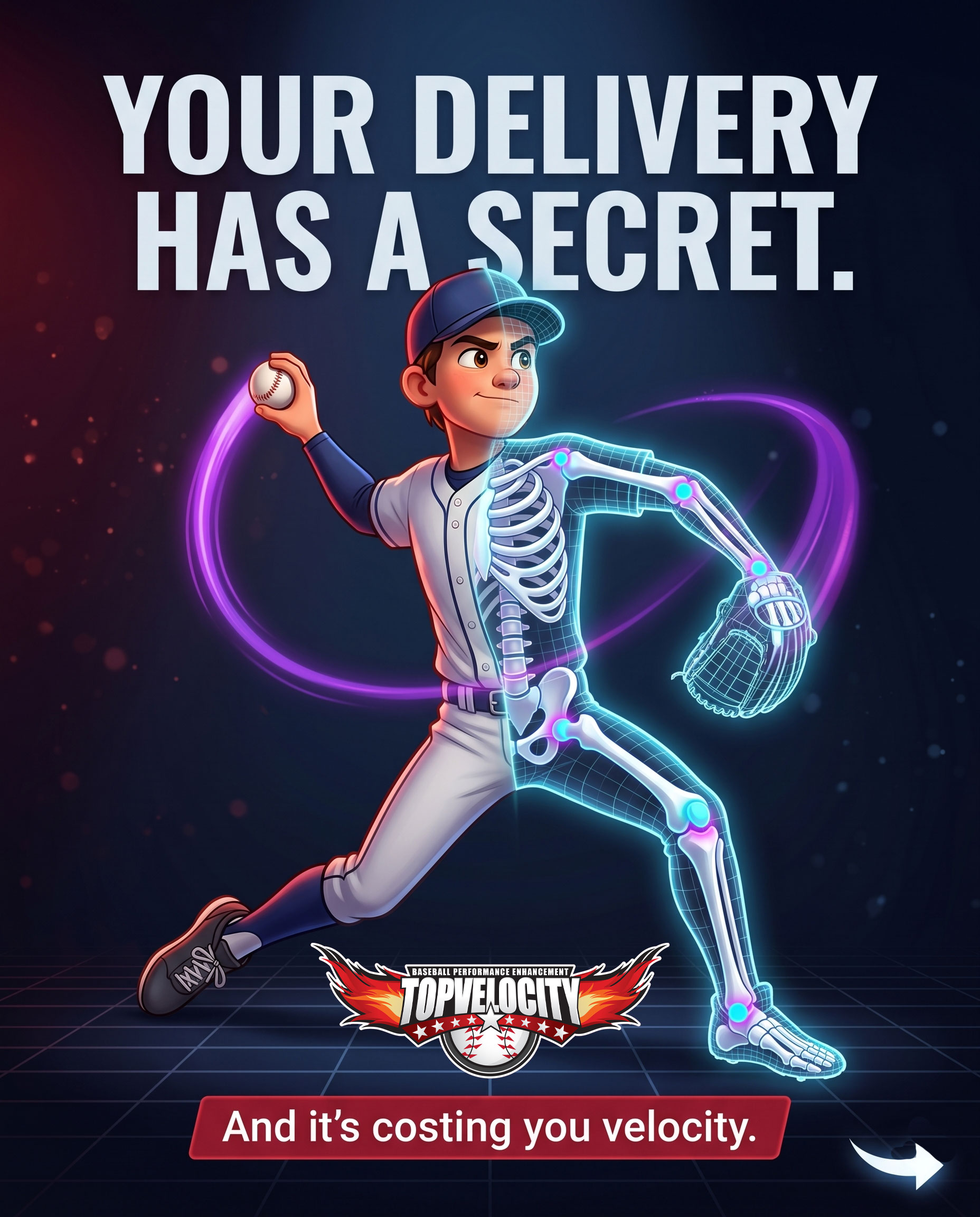 Young baseball pitcher mid-delivery with half his body shown as a glowing 3D motion-capture skeleton, illustrating MechanicsDNA 3D pitching analysis