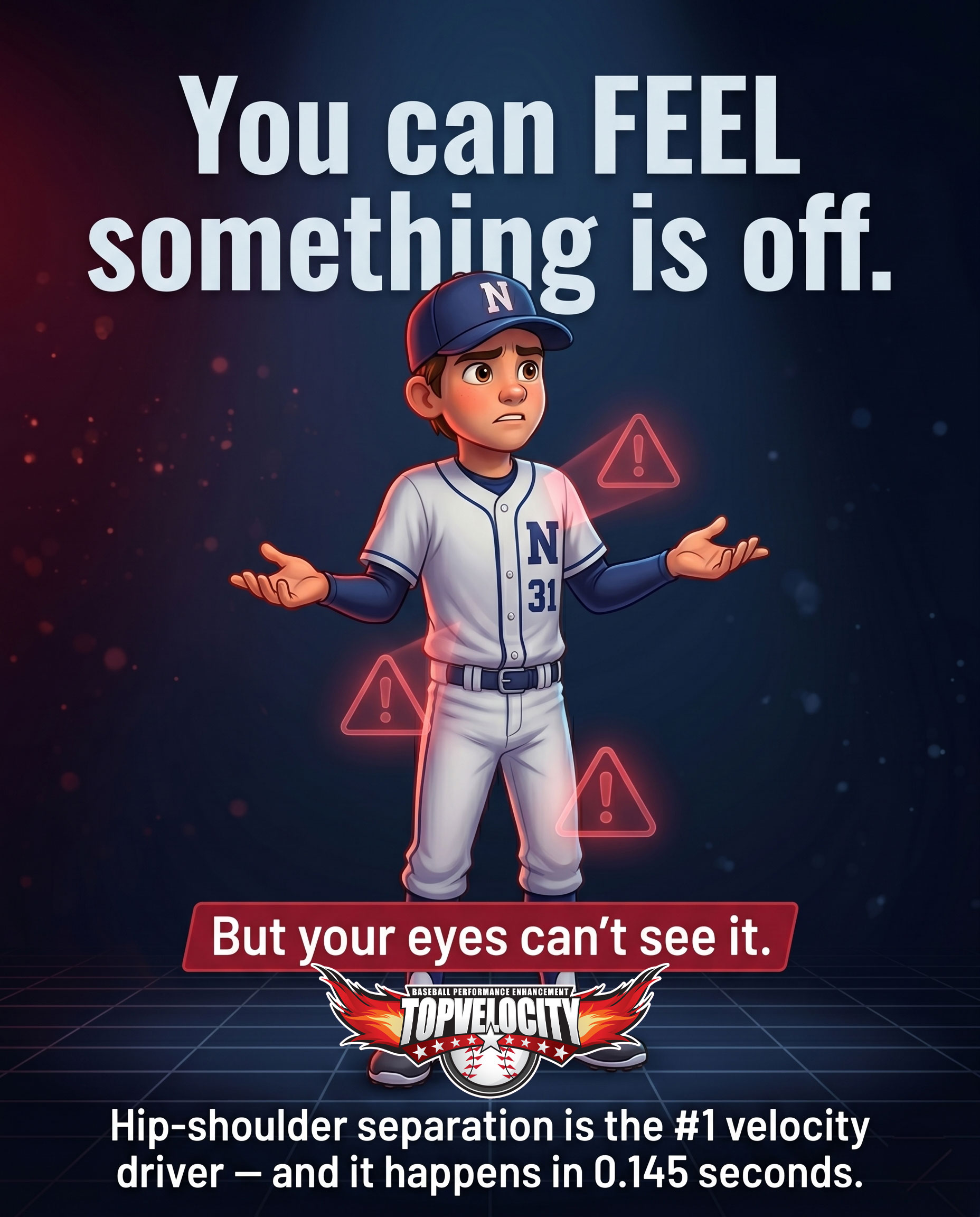 Cartoon pitcher pointing at the viewer in front of a wall of 3X 90-plus mph TopVelocity testimonial posters, backed by peer-reviewed sports science