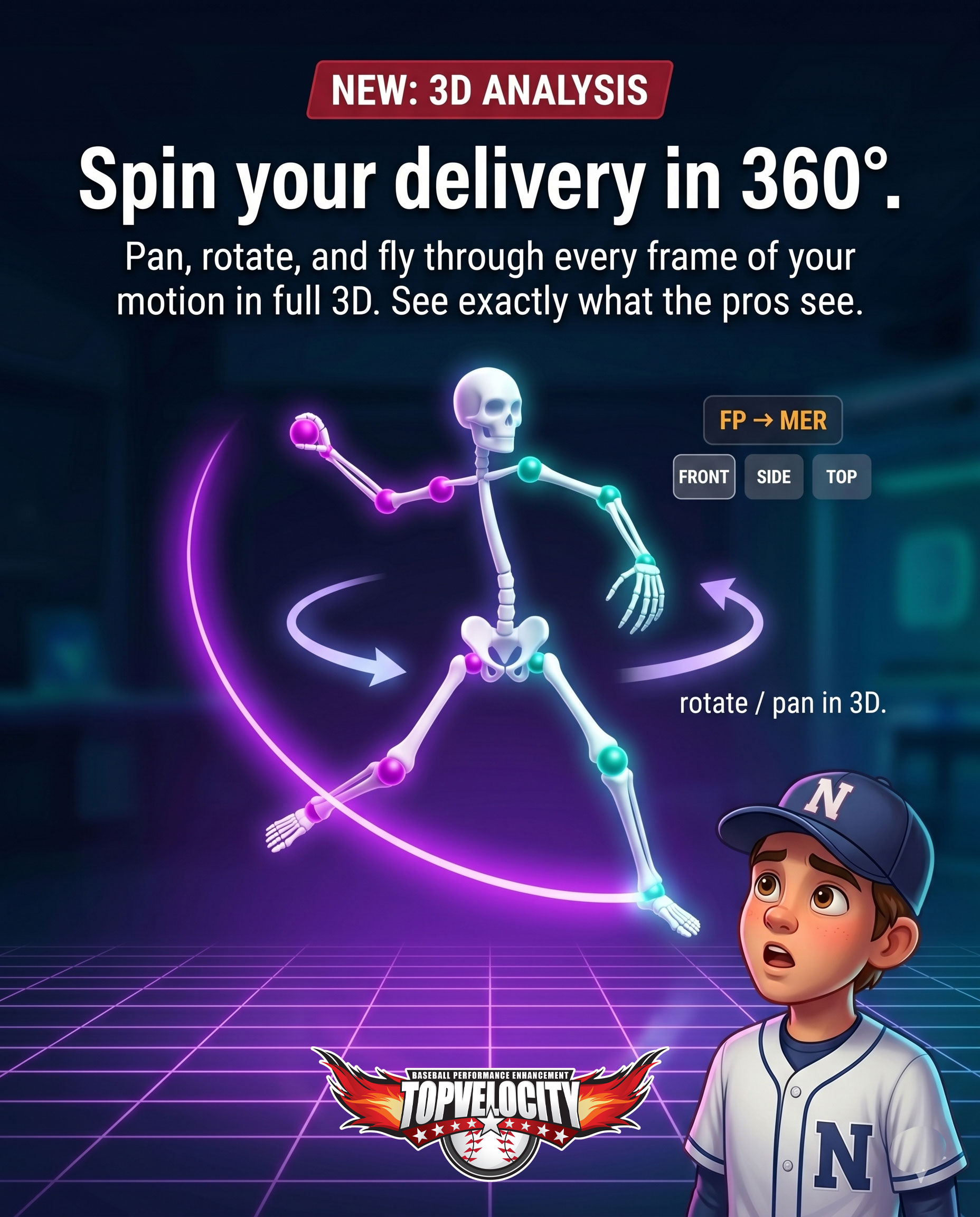 Cartoon pitcher with a glowing protective light scan on his throwing arm, illustrating MechanicsDNA injury risk screening to prevent Tommy John surgery