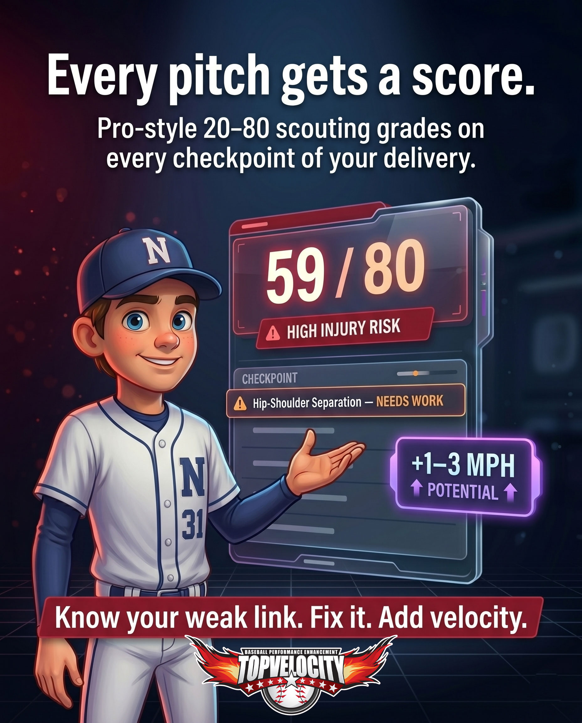 Cartoon pitcher presenting a holographic scorecard reading 59 out of 80 with a high injury risk flag and plus 1 to 3 mph velocity potential