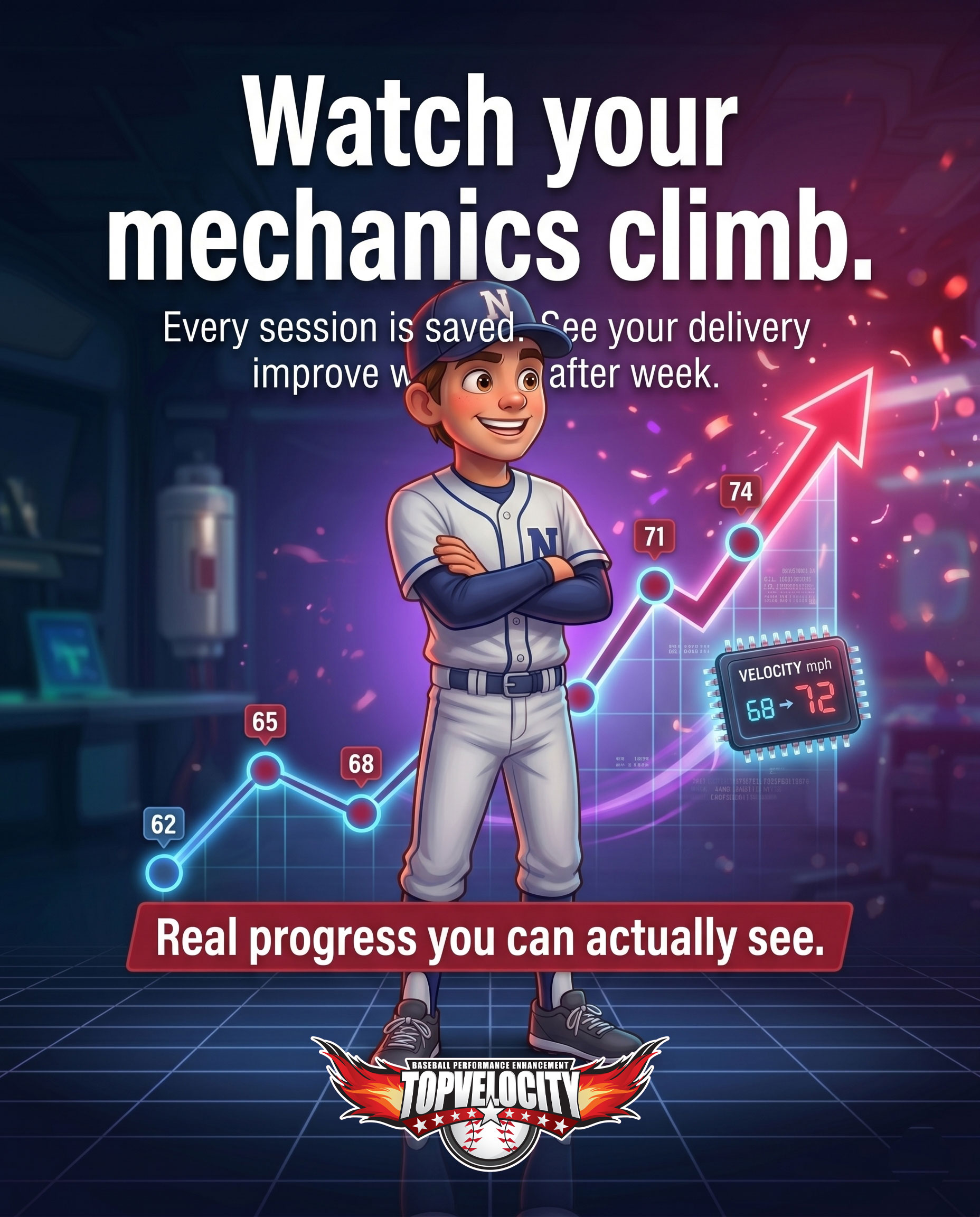 Cartoon pitcher holding a phone showing the MechanicsDNA app with three steps: film one pitch, mark five key moments, see your 3D breakdown