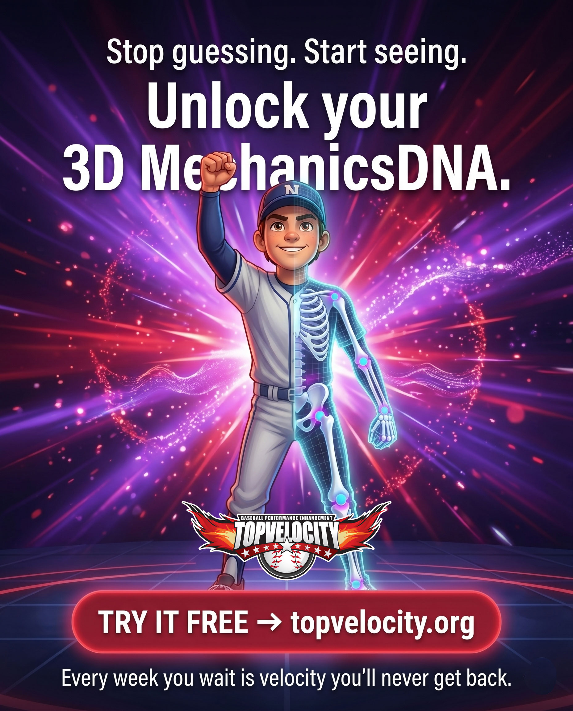 Cartoon pitcher in windup with half his body rendered as a glowing skeleton over the headline Your Delivery Has a Secret