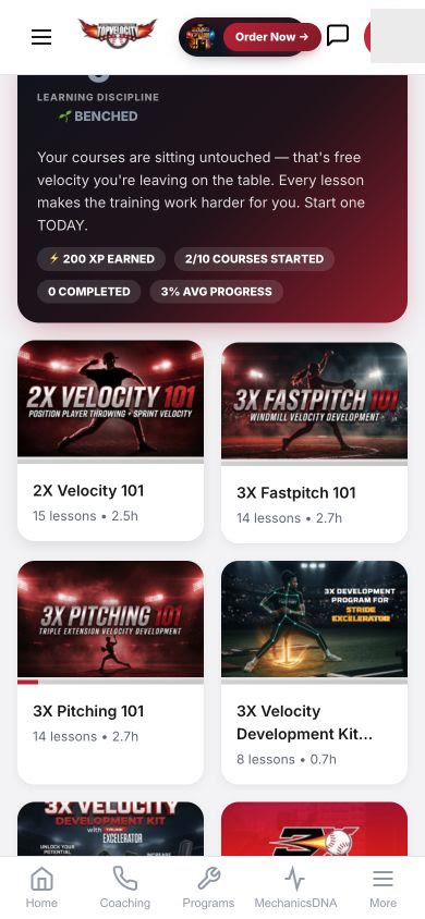 Baseball training courses and exams in the TopVelocity mobile app