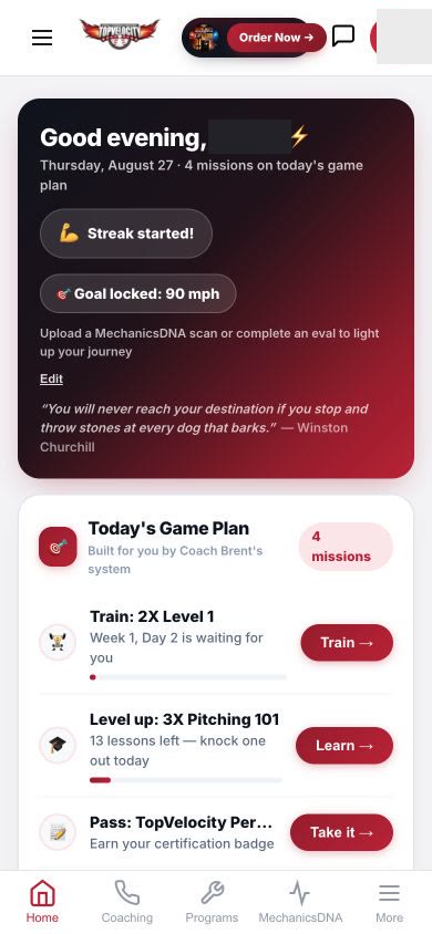 TopVelocity mobile player dashboard with daily game plan and training missions
