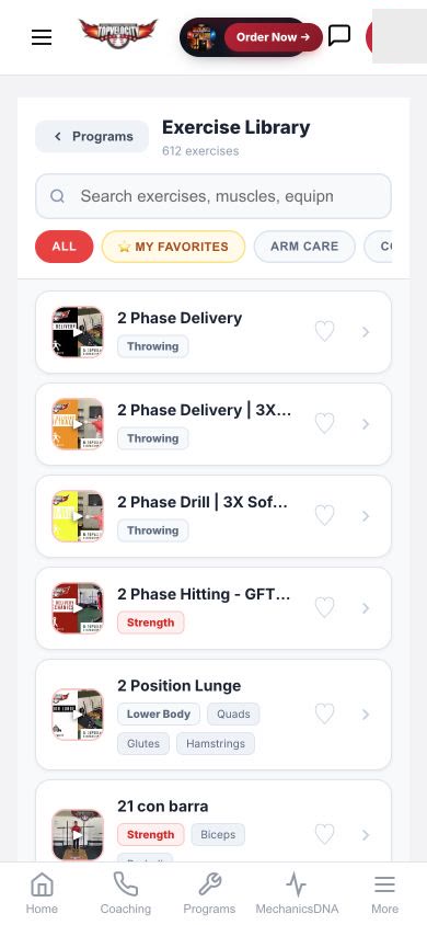 Searchable baseball exercise and drill library in the TopVelocity mobile app