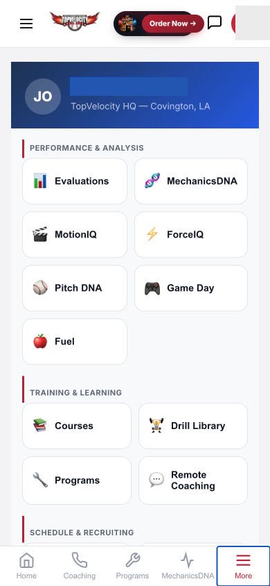 Complete module menu of the TopVelocity mobile player app