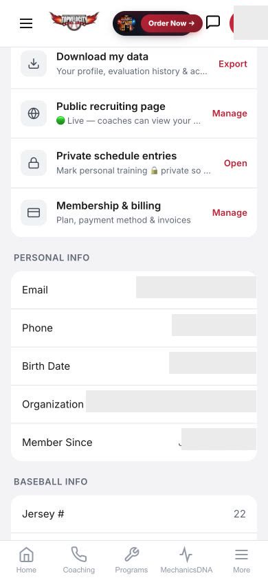 Player profile, privacy and account settings in the TopVelocity mobile app