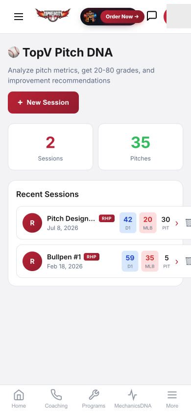 PitchDNA pitch grading and session tracking in the TopVelocity mobile app