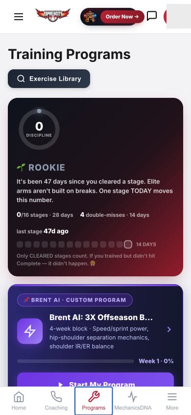 Structured baseball training programs in the TopVelocity mobile player app