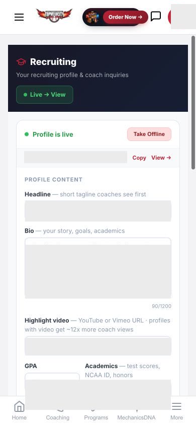 Recruiting profile editor in the TopVelocity mobile player app