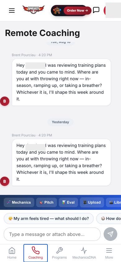 Remote coaching conversation in the TopVelocity mobile player app