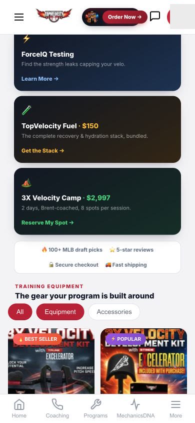 TopVelocity training equipment shop in the mobile player app