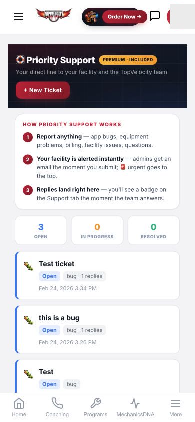 Priority support tickets in the TopVelocity mobile player app