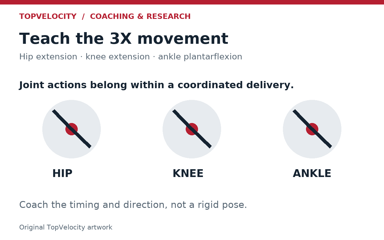Conceptual joint-action symbols for hip extension, knee extension and ankle plantarflexion within the TopVelocity 3X delivery. Not an anatomical measurement.