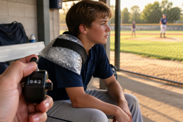 Pitch count by age: youth pitcher icing his shoulder while a parent tracks pitches on a counter