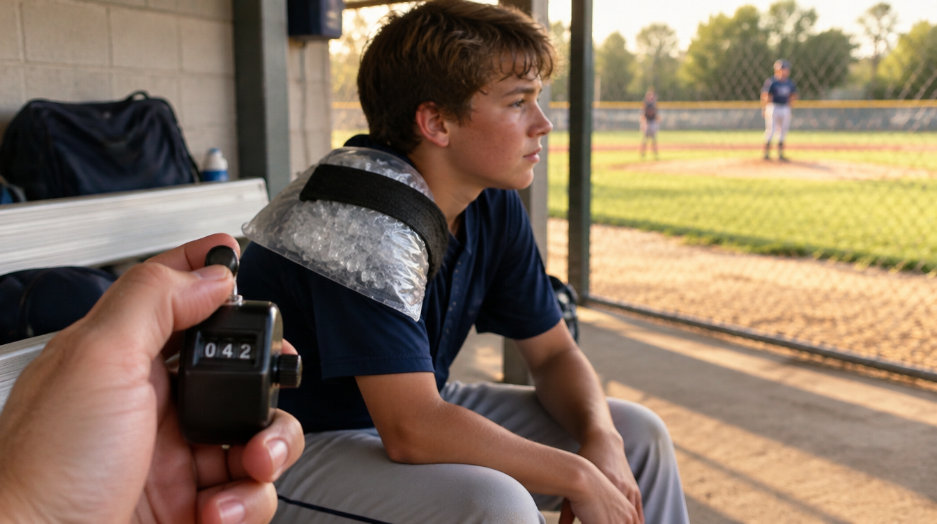Pitch count by age: youth pitcher icing his shoulder while a parent tracks pitches on a counter