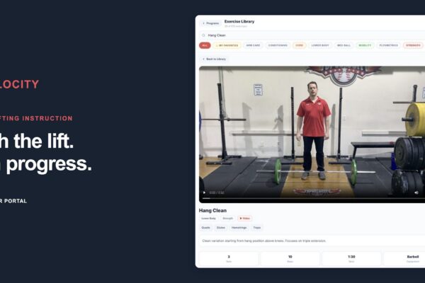 TopVelocity Player Portal Exercise Library displaying the Hang Clean video lesson.