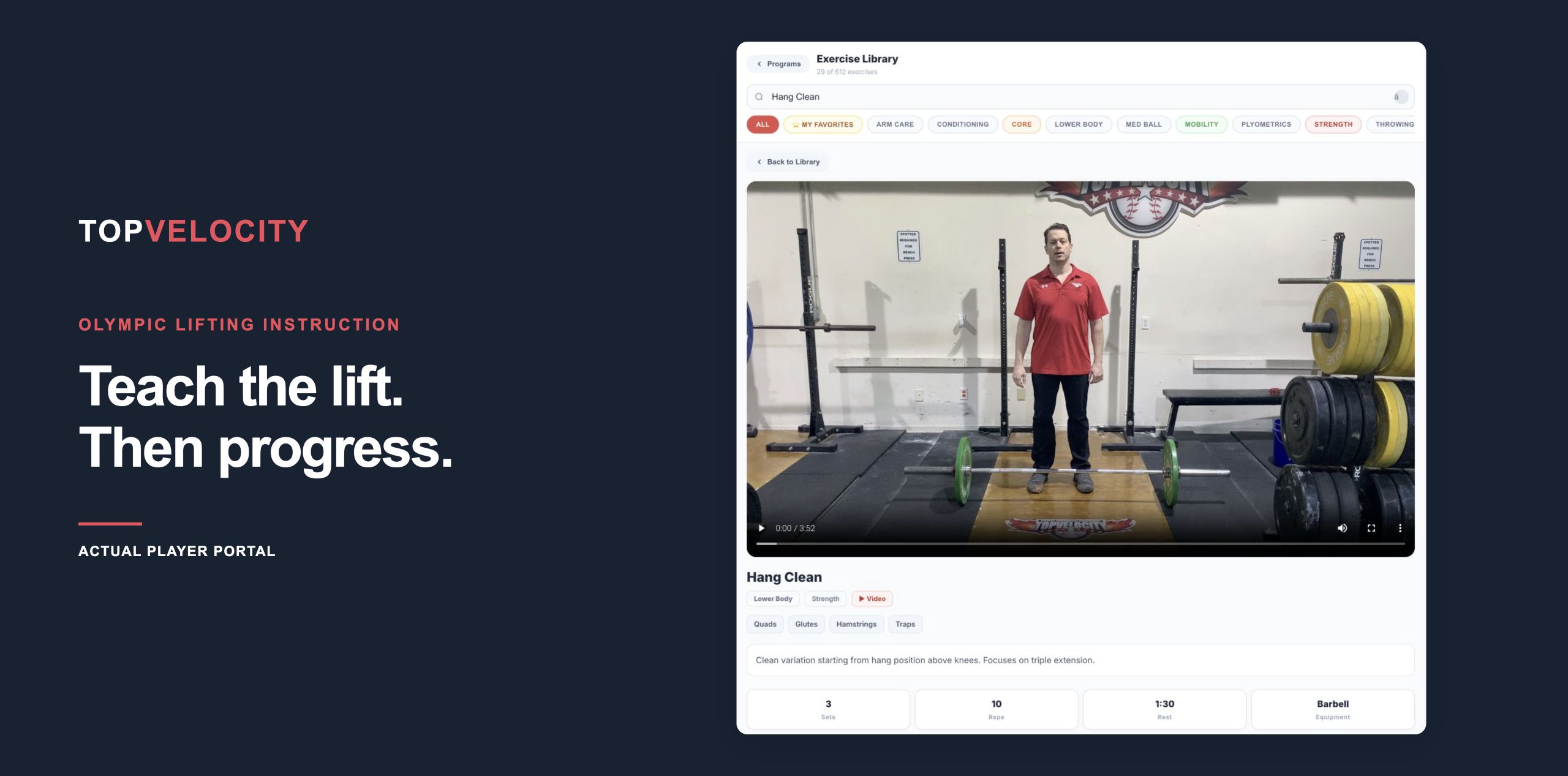 TopVelocity Player Portal Exercise Library displaying the Hang Clean video lesson.