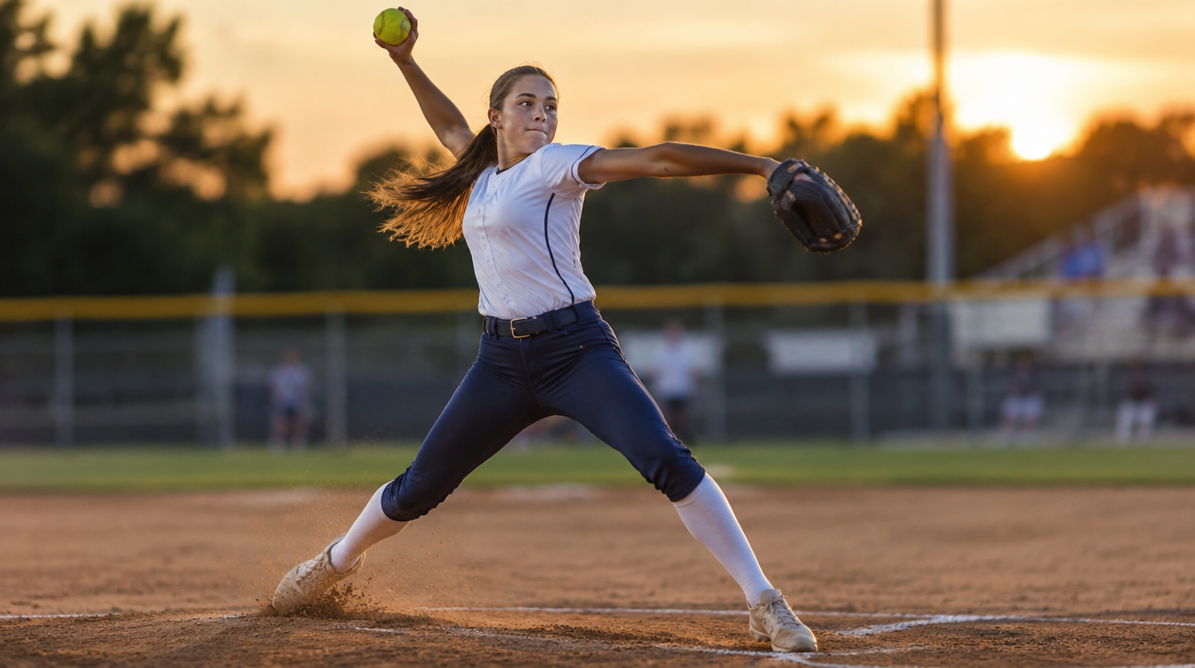 Softball pitching speed by age: teenage fastpitch pitcher driving off the rubber in her windmill delivery