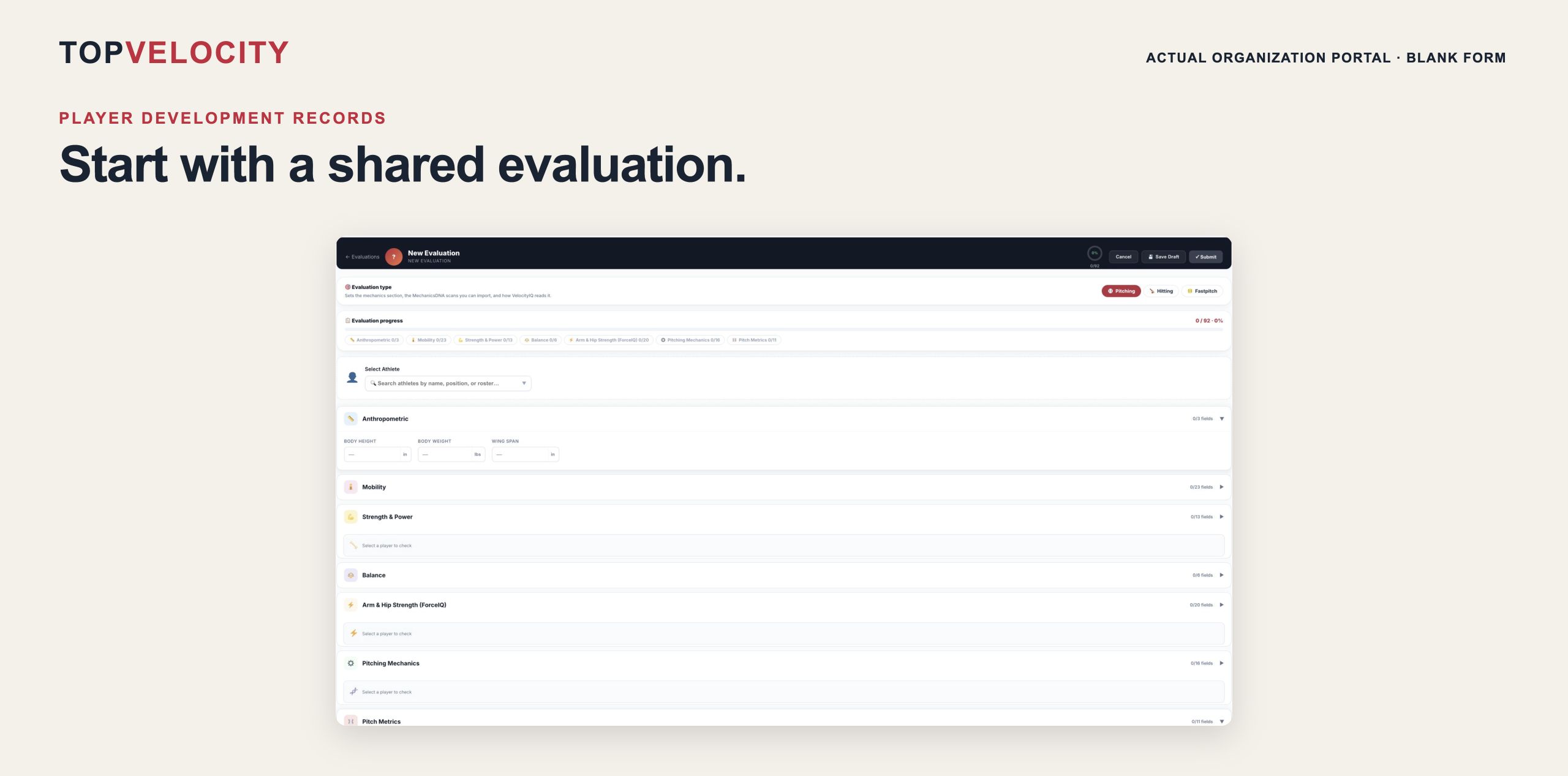 Blank New Evaluation form in the TopVelocity portal.
