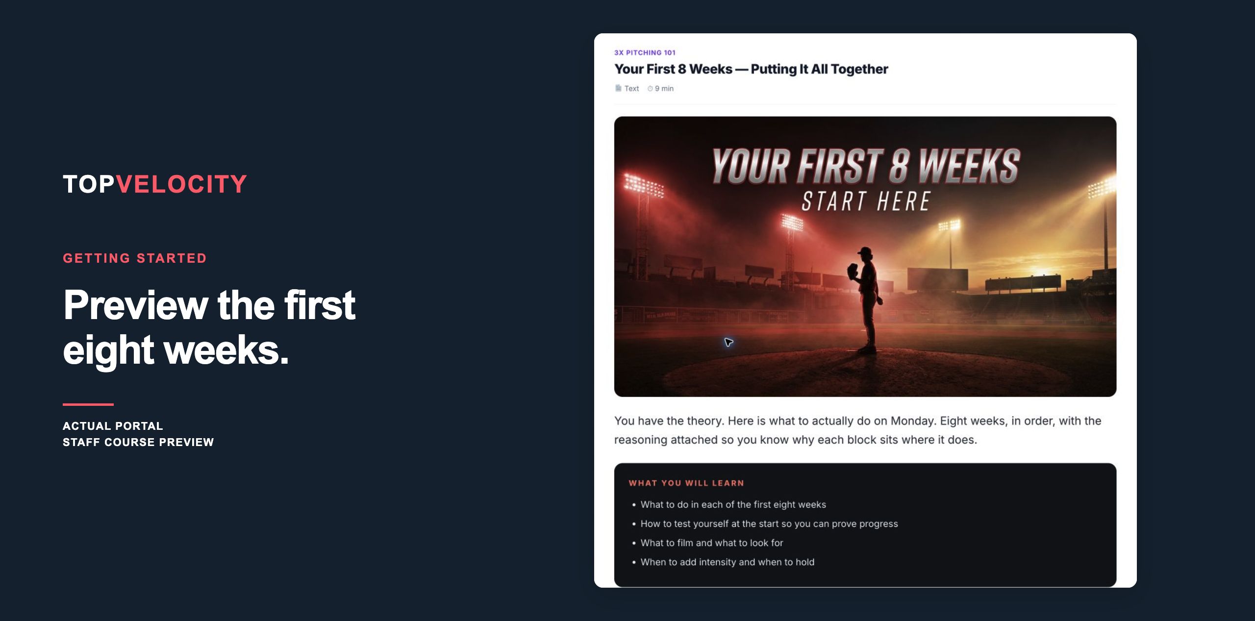 TopVelocity staff course preview displaying the Your First 8 Weeks lesson.