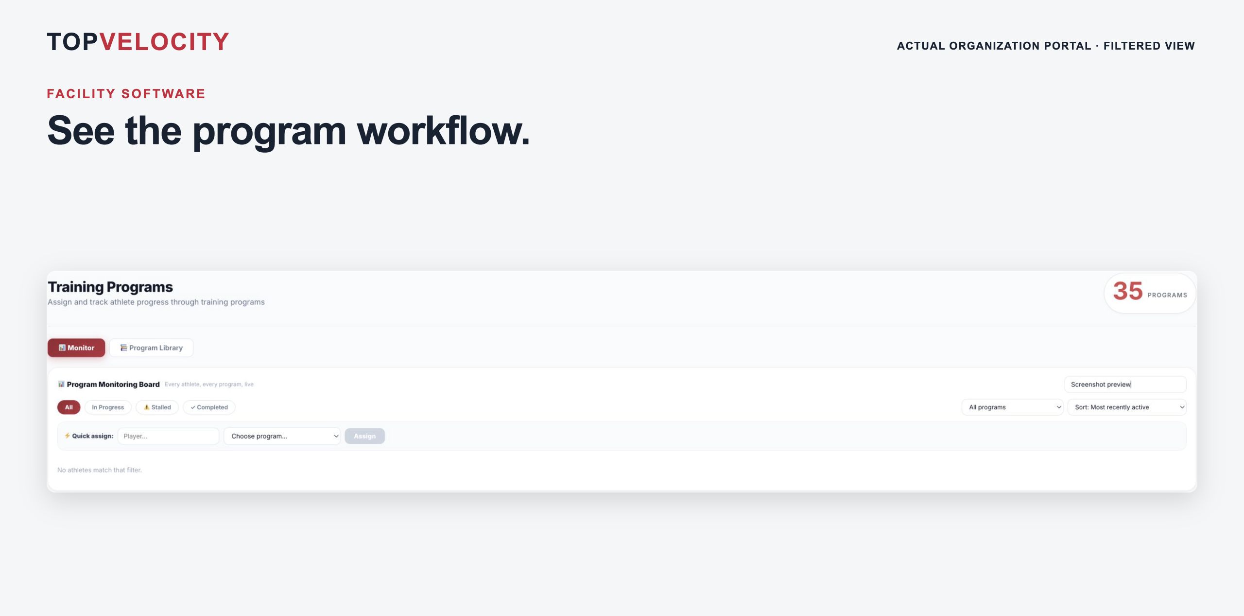 TopVelocity Organization Portal program-monitor filters, shown without athlete records.