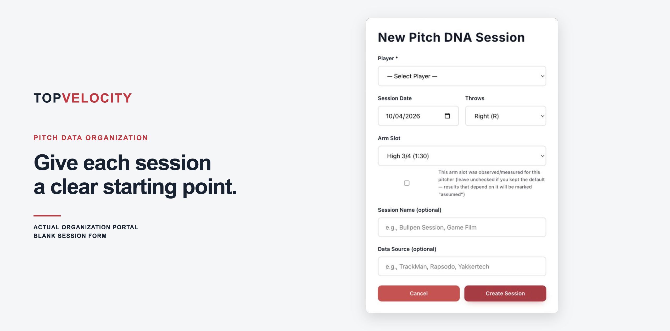 TopVelocity New Pitch DNA Session window before session information is entered.